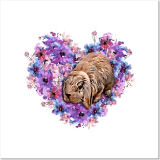 Cute Little Bunny Rabbit inside of Watercolor Flower Heart, Painting Posters and Art